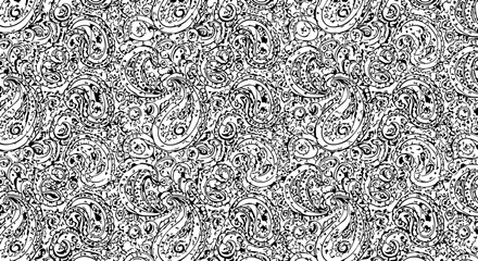 Intricate black and white paisley pattern design, classic ethnic motif, perfect for textiles and decorative backgrounds, elegant and timeless.