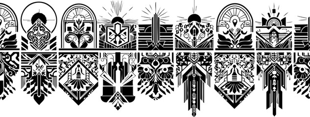 Intricate art deco emblems and crests creating a sophisticated and timeless design pattern for branding and decoration