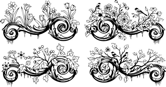 Elegant vintage floral scrollwork flourishes with delicate birds and blooming botanicals, perfect for decorative design elements and artistic accents.