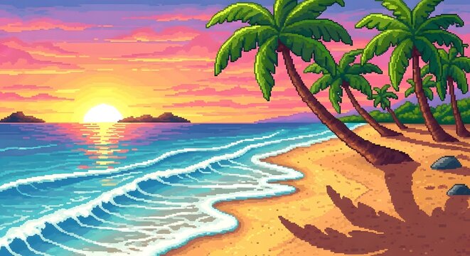 pixel art game level background, 8 bit, landscape, arcade video game, pixel sPixel art of a tropical beach scene at sunset with palm trees, ocean waves, sand, and distant islands under a colorful sky.