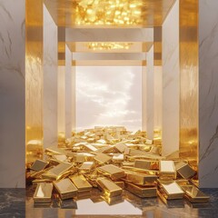 an open vault filled with polished gold ingots, light reflecting softly with a cloudy white background 