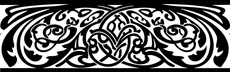 Elegant black and white ornamental border design with intricate swirling patterns and floral motifs, perfect for invitations and decorative elements.