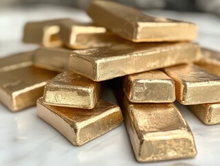 front-facing image of gold bars with clean edges stacked high, behind them a milky soft white studio backdrop 