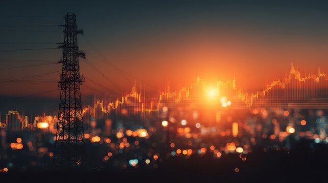 Power line with city skyline and sunset in the background with stock chart