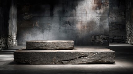 An ancient stone platform in a dark, cavernous space, evoking a sense of mystery and historical significance