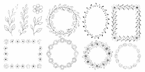 Collection of hand drawn floral elements and decorative borders in grayscale watercolor style