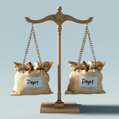 a collection of "Dept"-labeled sacks weighing down one side of a balancing scale, isolated on a light blue background 1
