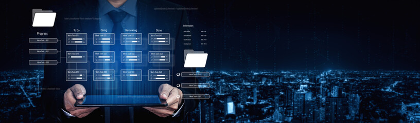 Project management system showing workflow stages, task progress, and review status. Task progress...