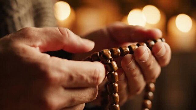 Hands Holding Tasbih Prayer Beads in Soft Light 4k video