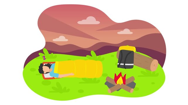 Hikers Man relaxing in sleeping bag animation, adventure bedrolls animated video, Outdoor weekend Activity Clip, Travel Holiday footage, Relaxing people at Vacation motion graphics
