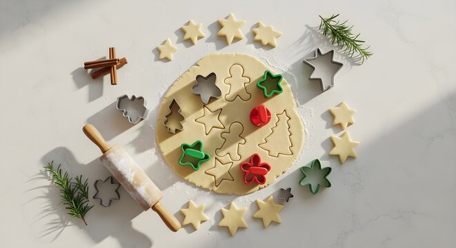 Joyful holiday baking with festive cookie cutters and fresh dough, creating sweet memories.