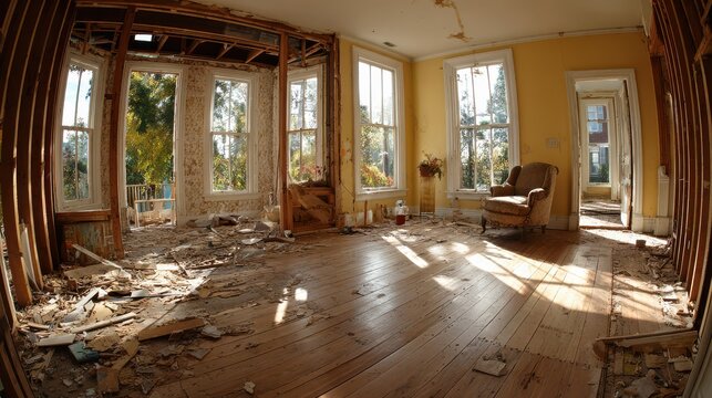 Interior of a dilapidated house undergoing renovation with exposed walls, wooden floors, and natural light streaming in