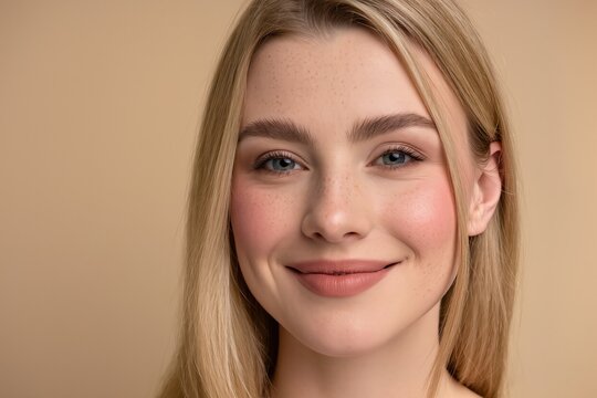Slightly tilted smiling woman in studio, warm beige backdrop with gentle makeup and soft expression, approachable mentor vibe