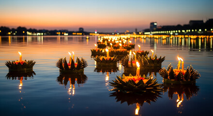 Floating candles on water during sunset in festive celebration