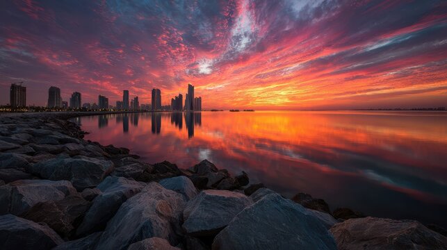 A breathtaking sunset over the tranquil waters of dubai creek, reflecting the city skyline in vibrant hues of orange and pink