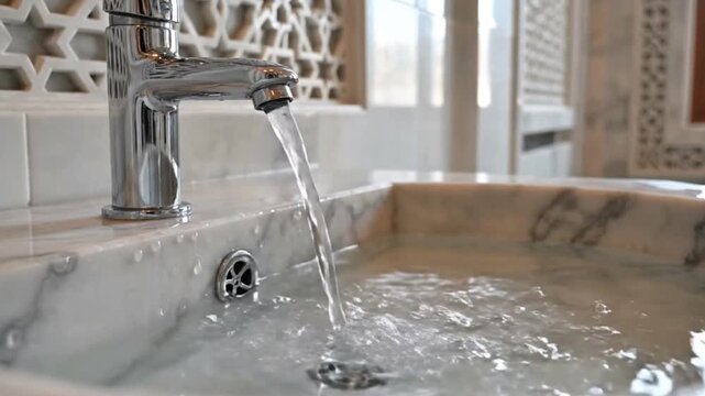 Wudu Water Flowing from Tap in Mosque Ablution Area 4k video