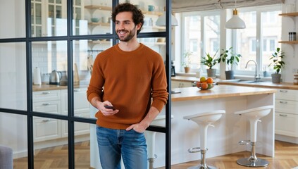 Cheerful man in sweater holding a phone standing in a modern apartment with kitchen view
