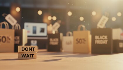Black Friday sale Bags tags showcase 50 off. Wooden blocks, Dont Wait, urge action. A laptop suggests online shopping, creating a sense of urgency.