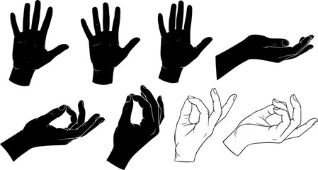 Fototapeta premium Black silhouette vector illustration of human hands in various open palm gestures, side view, isolated on white background for design, communication, art