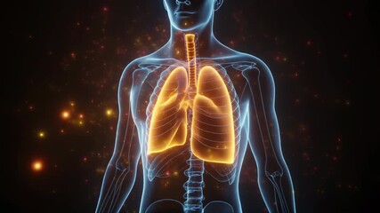 3D Rendering Of Human Lungs With Glowing Orange Light And Particles Keywords: science, medical, anatomy, human body, lungs