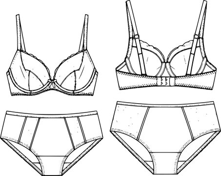 Lingerie set, bra and panty fashion design, underwear technical sketch, CAD drawing, flat vector illustration, intimate apparel template
