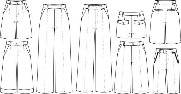 CAD drawing flat vector illustration of women&rsquo;s wide leg pants fashion design technical sketch with different styles and details
