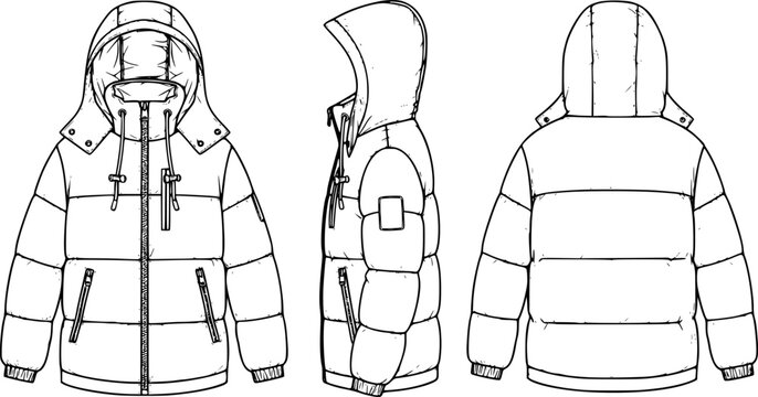 Winter puffer jacket technical flat sketch, front side back view, fashion cad drawing, hooded coat vector, apparel design illustration
