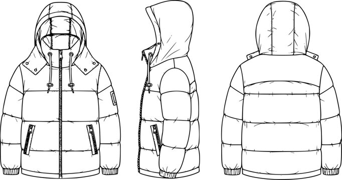 Winter puffer jacket technical flat sketch, front side back view, fashion cad drawing, hooded coat vector, apparel design illustration
