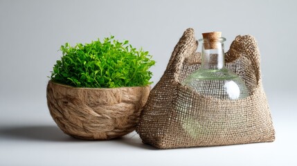 Eco-friendly still life with reusable bag, green plant, and glass bottle