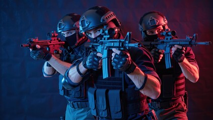 Special weapons and tactics swat team in full tactical gear with assault rifles in dark setting