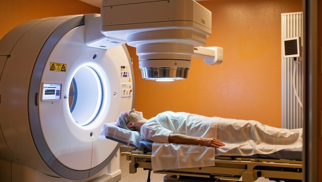 Patient undergoing radiation therapy with a linear accelerator in a hospital setting
