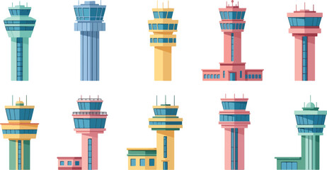 Colorful Airport Control Towers Set in Bright Pastel Style