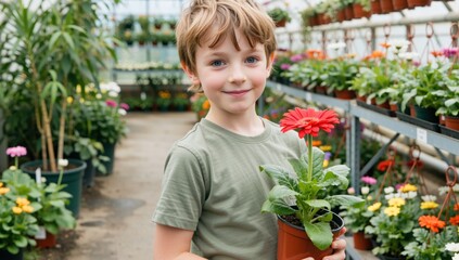 A cute young boy holding a red gerbera flower in a pot at a plant nursery greenhouse