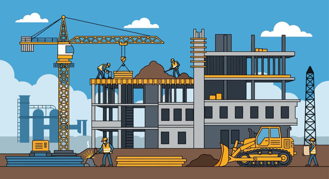 construction site illustration with workers crane and bulldozer building a multi-story structure depicting urban development industry and progress.