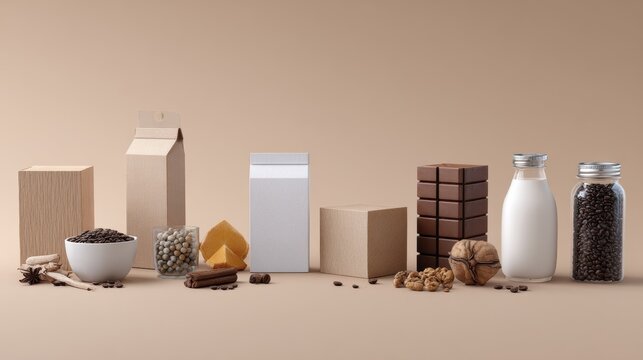 Various pantry items including grains, milk and spices on beige backdrop - Powered by Adobe