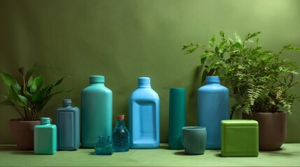 Colorful bathroom bottles on green background with plants