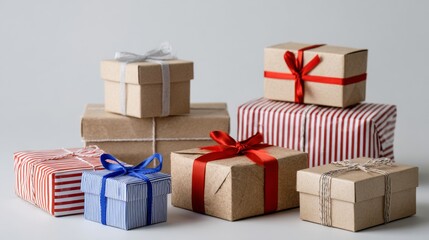 Colorful wrapped gift boxes stacked in minimalist layout