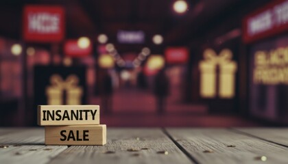 Wooden blocks spelling Insanity Sale on a wooden surface against the backdrop of a busy shopping district during Black Friday. Holiday savings and retail discounts.