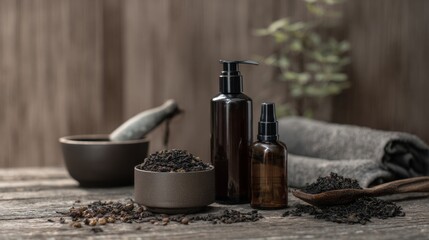 Natural tea setup with clay teapot and black tea leaves