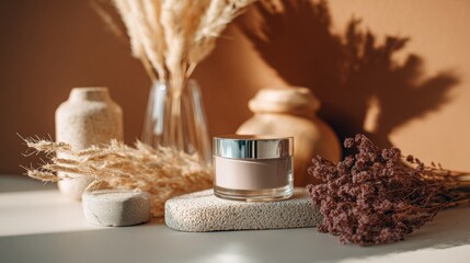 Natural skincare products and spa ingredients on beige background