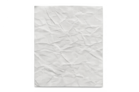 Crumpled white paper sheet texture with creases and wrinkles, blank empty page overlay on transparent background
