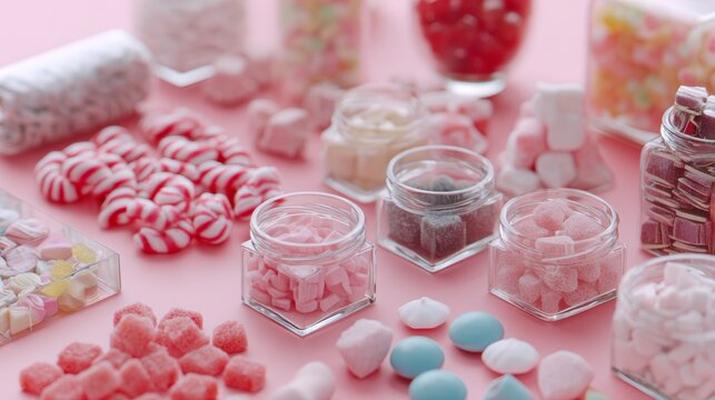 Assorted pink and red candy on pastel surface - Powered by Adobe