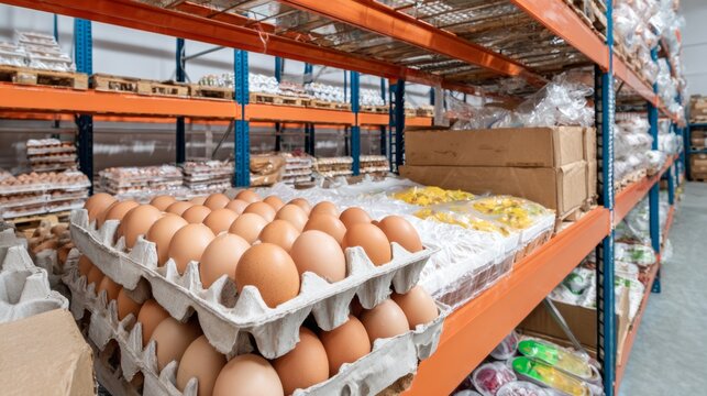 Egg trays stacked on warehouse shelf in supermarket - Powered by Adobe