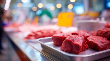 Raw red meat on display at supermarket counter