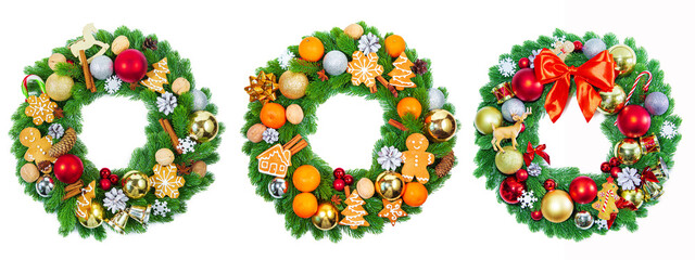 Set of decorated Christmas wreaths isolated on white background.