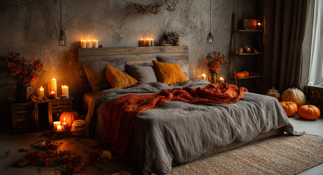 Cozy autumn bedroom interior with pumpkins and candles creating a warm atmosphere