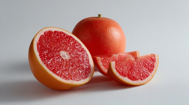 Fresh grapefruit sliced open showing juicy red interior with whole fruit in soft background lighting