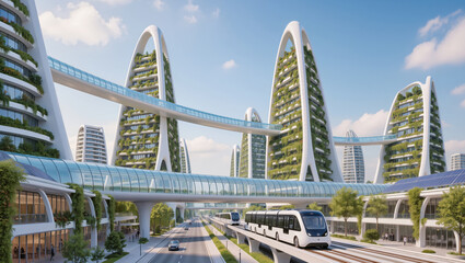 Modern cityscape featuring sustainable architecture and advanced public transportation systems with greenery integrated into buildings Generative AI