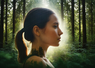 Portrait of a woman in profile with a forest landscape blending into her silhouette in a serene woodland setting Generative AI