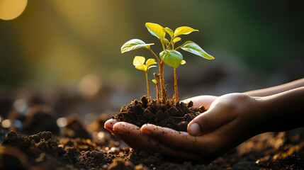 Hands holding young plant growing in soil at sunrise